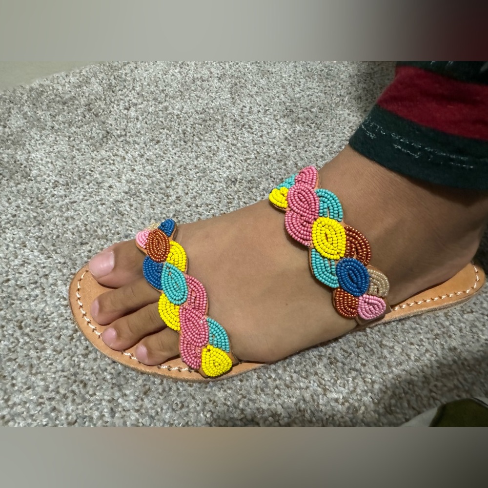 Beaded Multicolor Braided-Strap Women's Sandals - Pink, Yellow, Blue